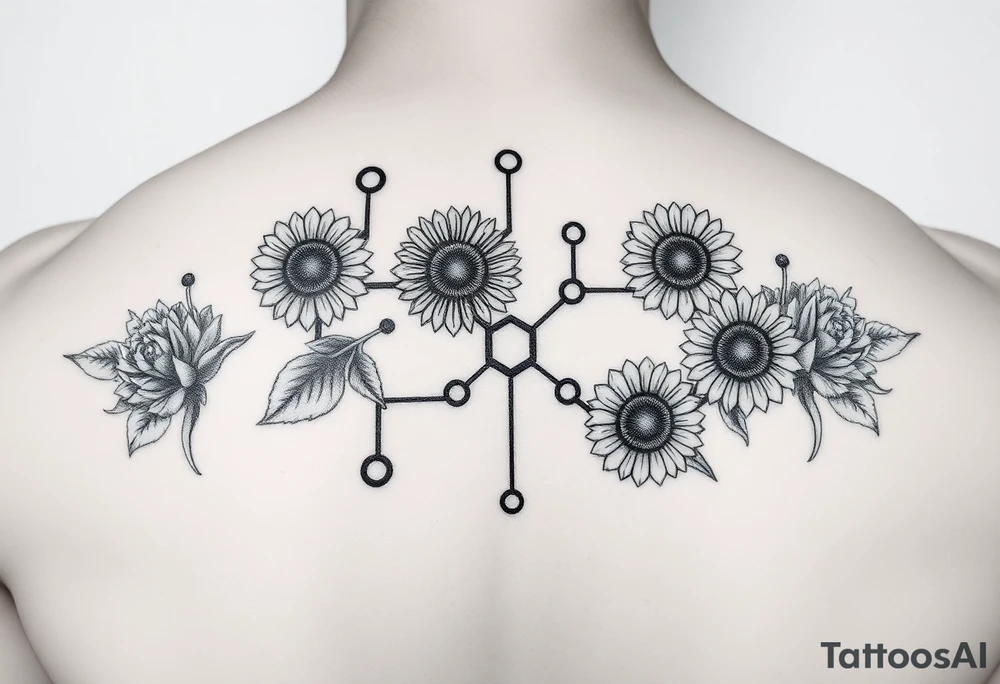 Dopamine molecule structure made from sunflowers, hexagons, and roses tattoo idea