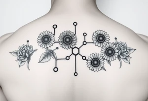 Dopamine molecule structure made from sunflowers, hexagons, and roses tattoo idea