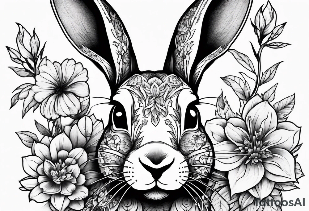 Rabbit head and flowers tattoo idea