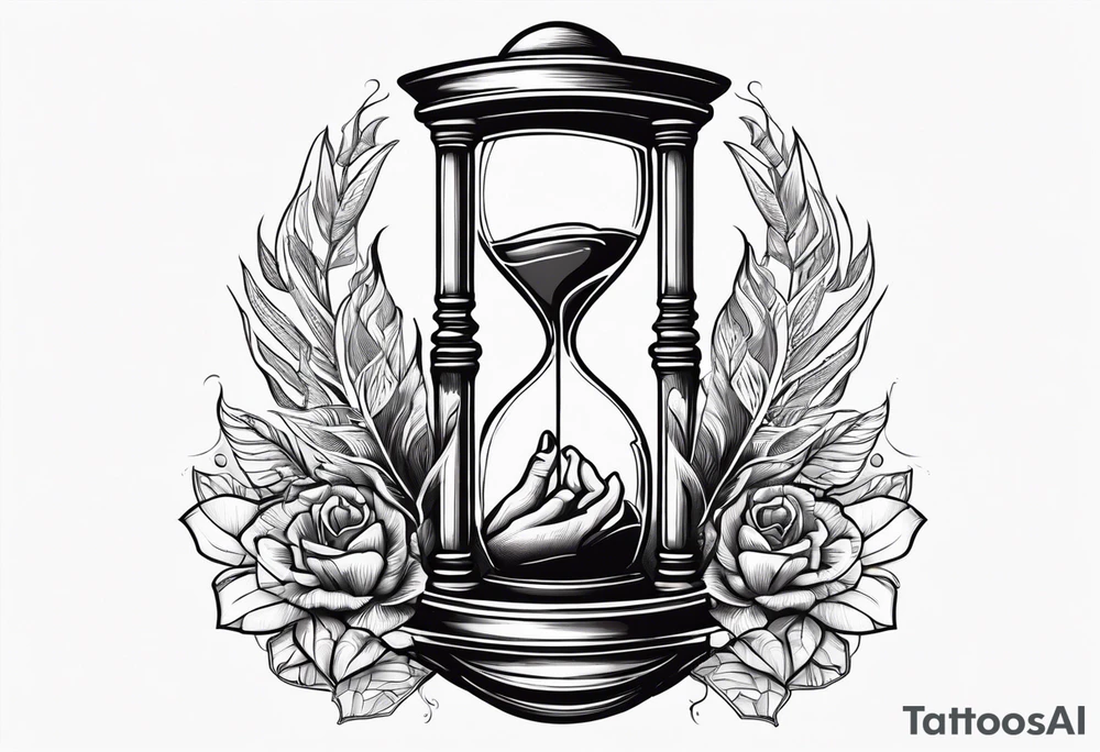 Hour glass with a skeleton hand on top and human hand on bottom tattoo idea