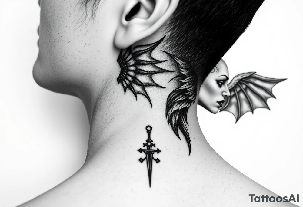 position behind the neck Angel (on the right) whispering in the right ear, demon (on the left) whispering in the left ear tattoo idea