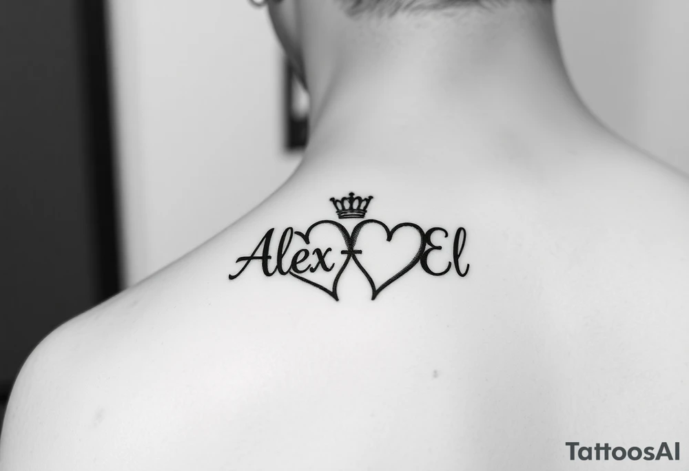 the name Alex and El in two hearts with crown tattoo idea