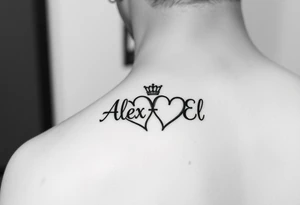 the name Alex and El in two hearts with crown tattoo idea