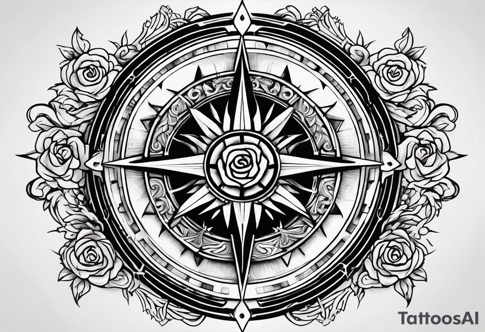 A rose compass with a labyrinth on the inside and to Celtic swords going through the center of the rose compass tattoo idea