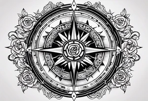A rose compass with a labyrinth on the inside and to Celtic swords going through the center of the rose compass tattoo idea