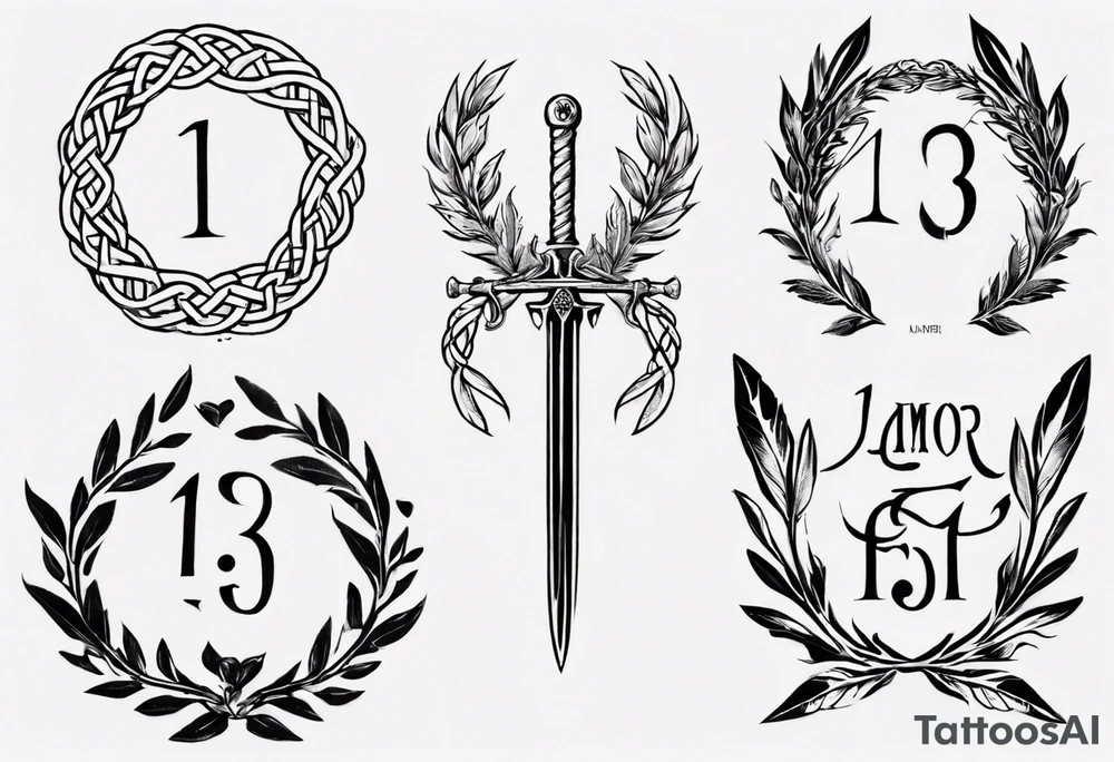 The number 13 in the middle of a laurel leaf wreath, a Celtic sword under the number and the words "amor fati". tattoo idea