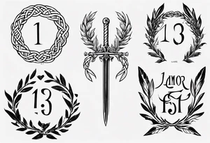 The number 13 in the middle of a laurel leaf wreath, a Celtic sword under the number and the words "amor fati". tattoo idea