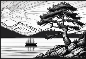 Sleeve tattoo windswept pine tree before lake with low cliff face on another side of lake. Mastiff silhouette in the foreground. tattoo idea