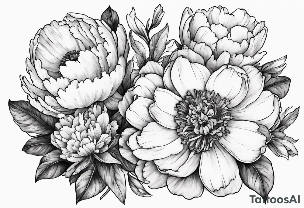 A stemless marigold, peony, and narcissus tattoo idea
