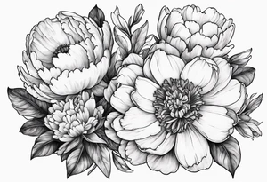 A stemless marigold, peony, and narcissus tattoo idea