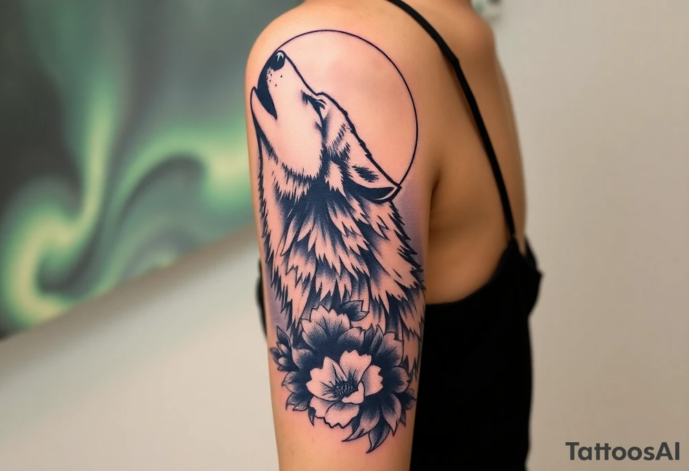 lone wolf howling at full moon with northern lights backdrop tattoo idea