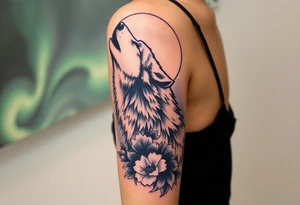 lone wolf howling at full moon with northern lights backdrop tattoo idea