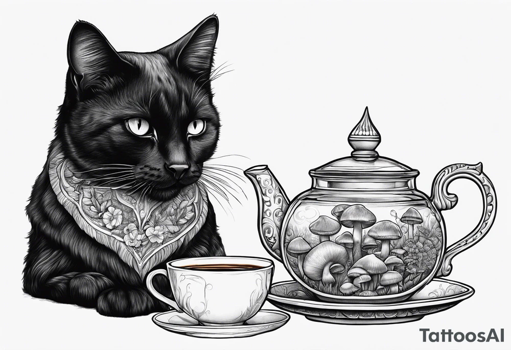 Black and mysterious cat taking a mushrooms tea tattoo idea