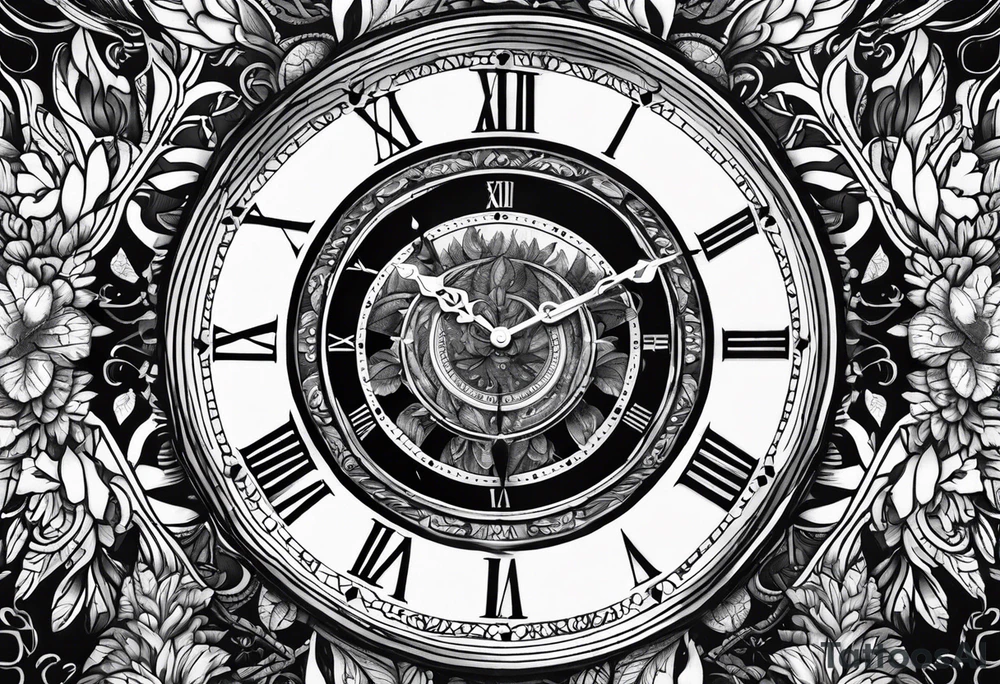 Clock centerpiece surrounded by forest tattoo idea
