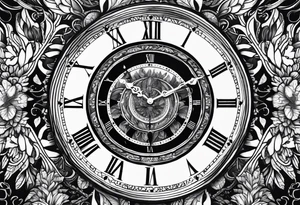 Clock centerpiece surrounded by forest tattoo idea