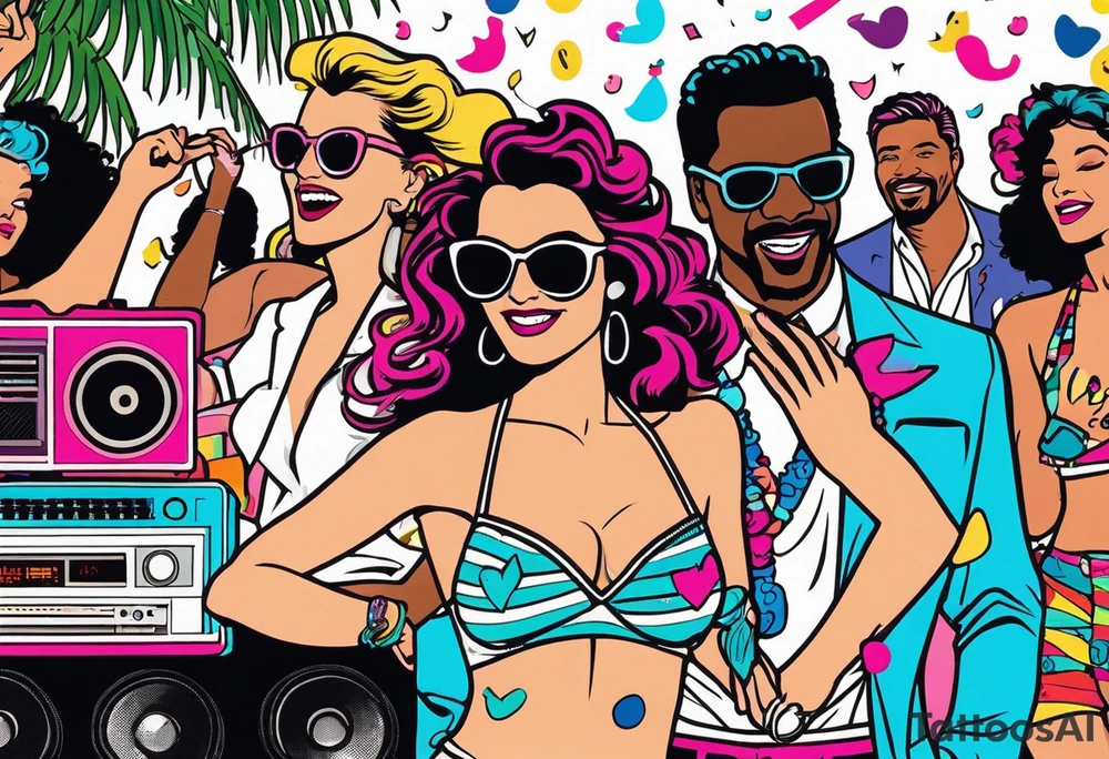 1980's miami vice style beach dance 
party, include confetti, music notes, boom box, bikinis tattoo idea