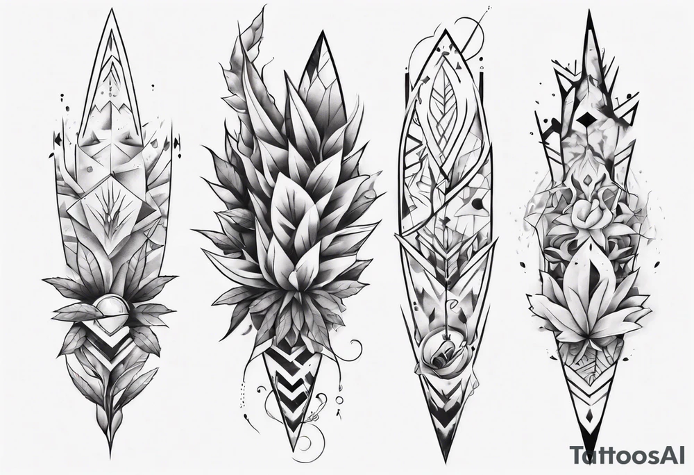 full arm tattoo. pointy leaves combined with geometric shapes. whole arm tattoo idea