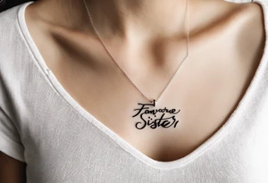 a small, delicate tattoo with The handwritten words "to my favorite sister" and with a small puzzle piece hanging off a line that comes from the letter "r" tattoo idea