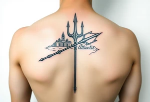 trident on arm with Atlantis background tattoo idea