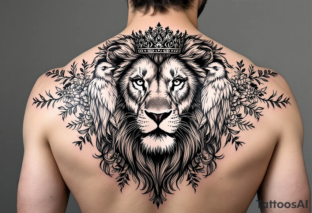 powerful majestic lion with a crown, surrounded by floral ornaments and birds tattoo idea