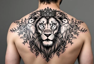 powerful majestic lion with a crown, surrounded by floral ornaments and birds tattoo idea