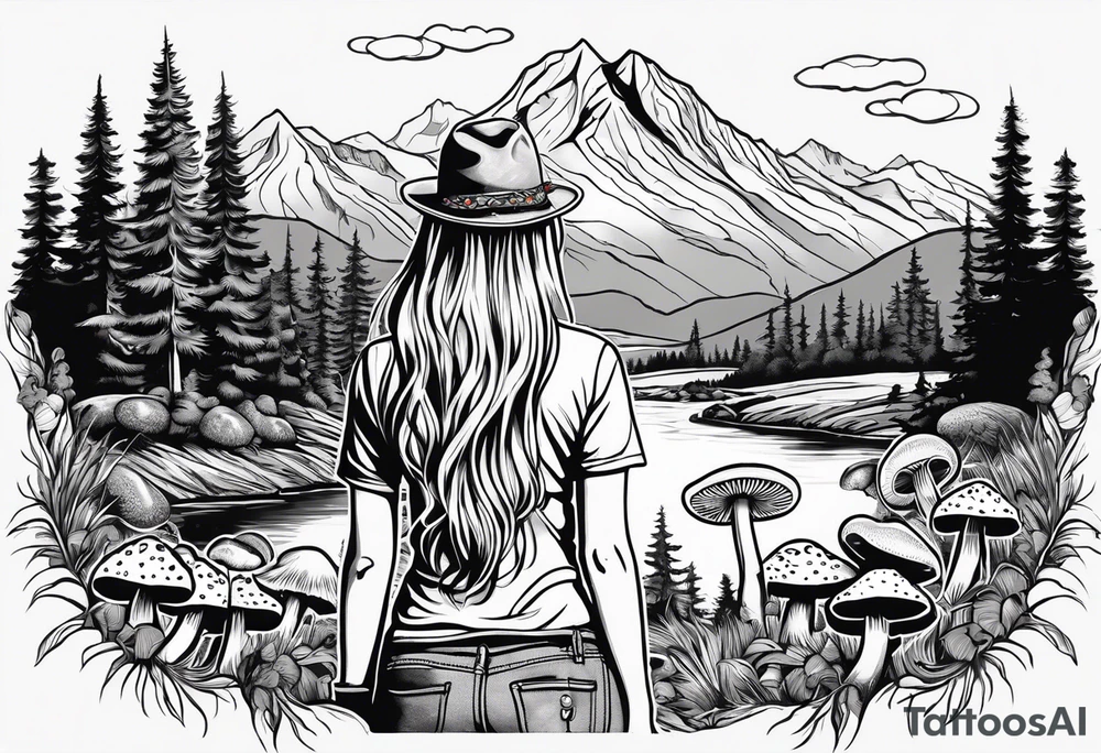 Straight long blonde hair hippie girl in distance holding mushrooms in hand facing away toward mountains and creek surrounded by mushrooms tee shirt hiking pants

Circular picture tattoo idea