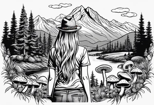 Straight long blonde hair hippie girl in distance holding mushrooms in hand facing away toward mountains and creek surrounded by mushrooms tee shirt hiking pants

Circular picture tattoo idea