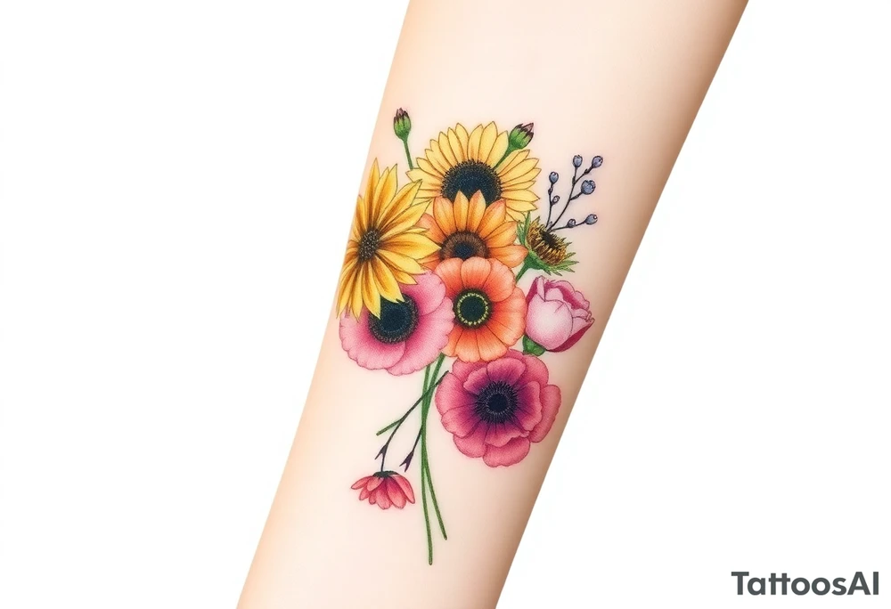 Small watercolour style bunch of wild flowers including lilli orientalis, sunflowers, poppies and peonies to be placed on forearm tattoo idea