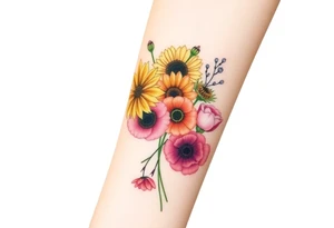 Small watercolour style bunch of wild flowers including lilli orientalis, sunflowers, poppies and peonies to be placed on forearm tattoo idea