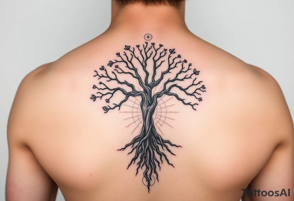 mystical tree of life with cosmic roots and celestial branches tattoo idea