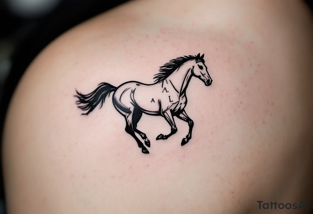 horse silhouette 
from the front which gallops from the front, with the 3 small letters discreetly integrated: M, A, L tattoo idea