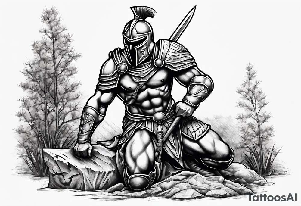 Spartan kneeling on a grave tattoo idea