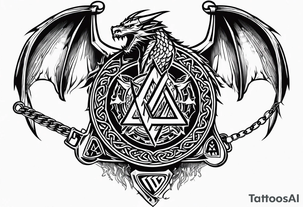 Valhalla sword shield dragon axe Valknut barbed wire chains fire tattoo idea Valhalla sword shield dragon axe Valknut barbed wire chains fire tattoo idea