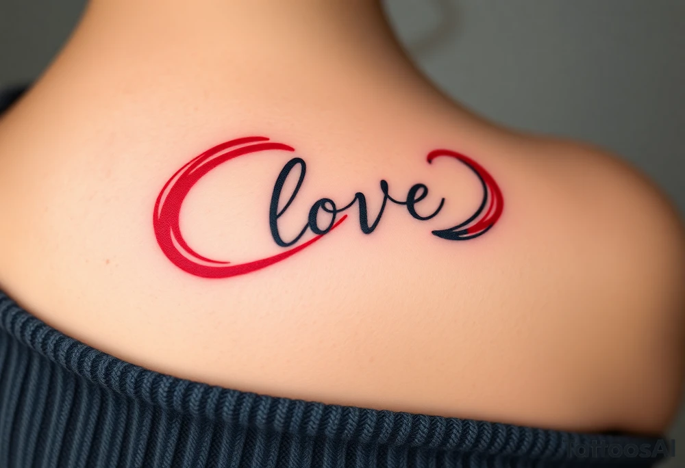 An artistic brushstroke infinity symbol in bold red and black ink, with "love" appearing as part of the flowing brushwork tattoo idea