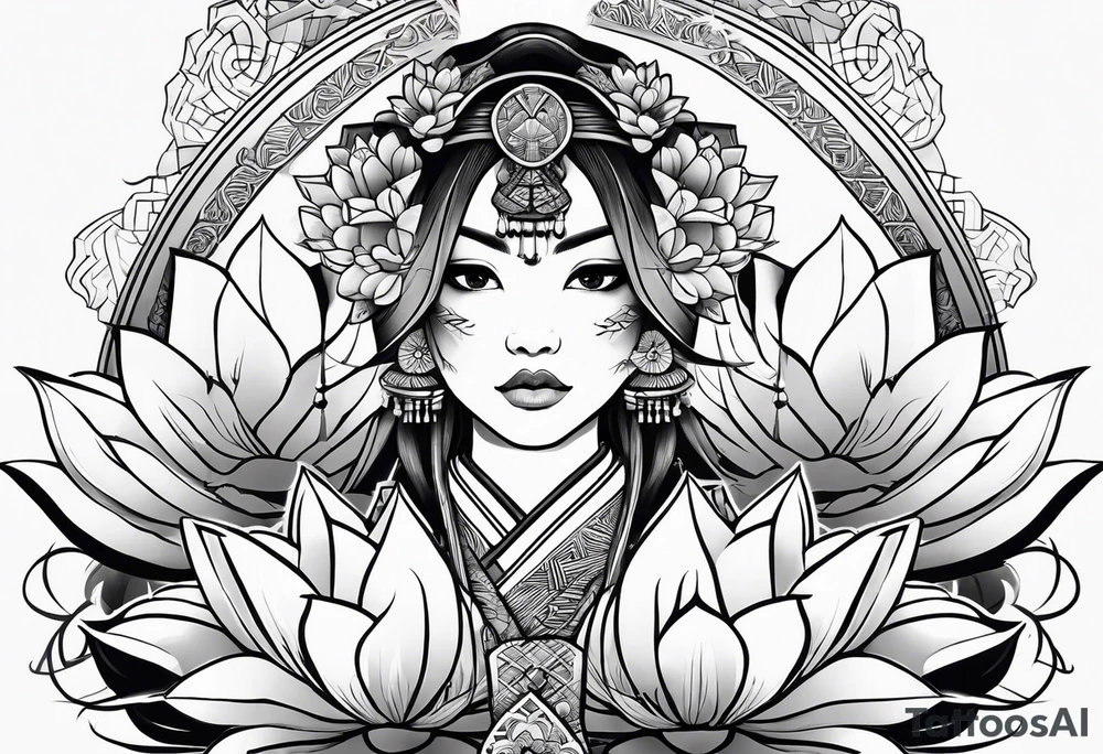female samurai lotus flowers neotribal tattoo idea