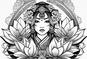 female samurai lotus flowers neotribal tattoo idea