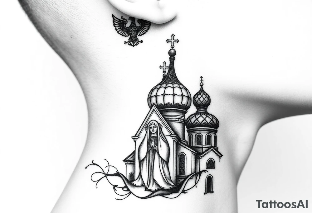 Flowing Scene

A onion domes orthodox church
Virgin Mary in prayer pose wrapping around the lower neck curve
A small double headed russian coat of arms eagle or just the star tucked above the dome near the hairline tattoo idea