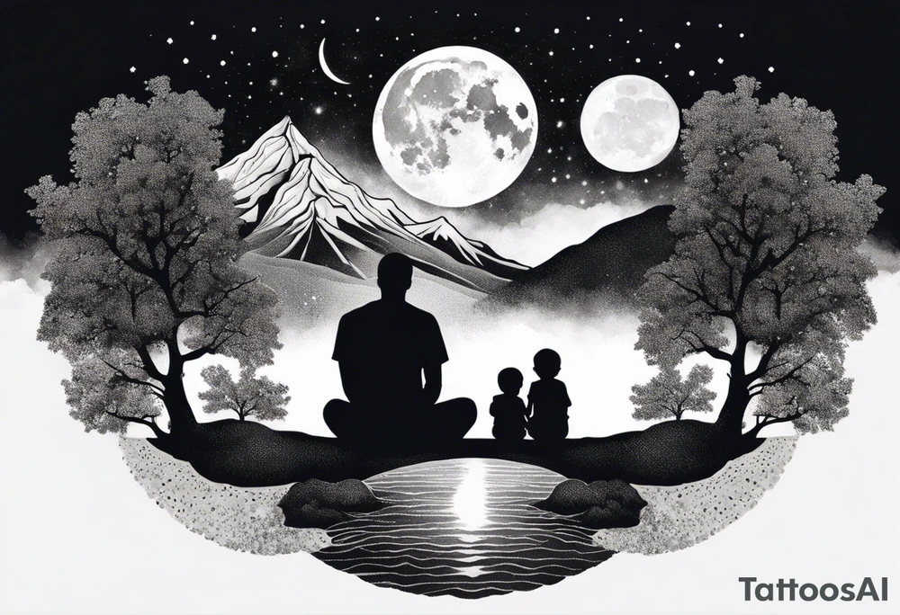a family of three sitting in a nature with mountains, waterfall, water, and a cross in the background and and moon in the sky with stars tattoo idea