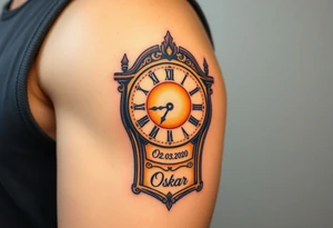 A timeless grandfather clock with delicate engravings, with the birth time and date "02. 03. 2020" and name "Oskar" - glowing in soft golden light, in warm sepia and gold hues tattoo idea