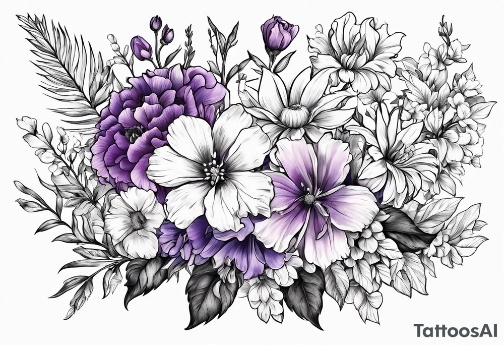 Floral bouquet with a larkspur, carnation, violet and daisy tattoo idea