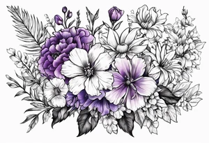 Floral bouquet with a larkspur, carnation, violet and daisy tattoo idea