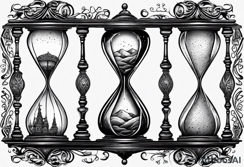 ornate hourglass, long, cosmic stardust, masculine, minimalist, tattoo idea