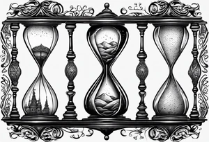 ornate hourglass, long, cosmic stardust, masculine, minimalist, tattoo idea