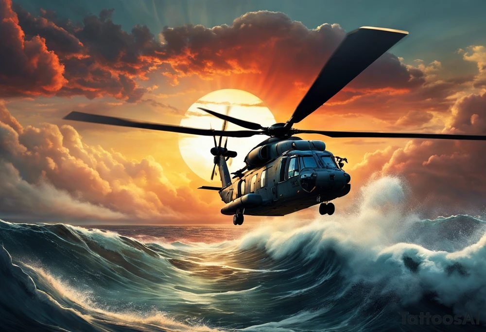 A cinematic-style tattoo depicting a Canadian military CH-148 Cyclone helicopter performing a daring maneuver over a turbulent ocean. The sky should be filled with dramatic clouds, and the sun should be setting, casting long shadows. The helicopter should be the main focus, with intricate details and a sense of motion. In the background, a poppy should be prominently displayed, and a quote from 'Lest We Forget' should be included tattoo idea