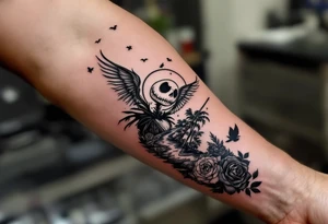 holy jack skellington with wings, fishing, river, roses, palm trees, sun, birds tattoo idea