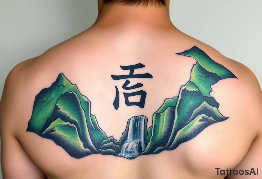 I need to import a photograph as the focal point of the tattoo. The Burmese word သား Inside of a photo the subject of the photo.  The photo surrounded by a colorful green mountainside with a waterfall tattoo idea