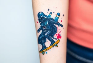Darth Vader skateboarding > in heaven > bullets
blue. red. yellow.
skateboard words "Darth Carter"
add date 12/29/88-01/06/24 tattoo idea