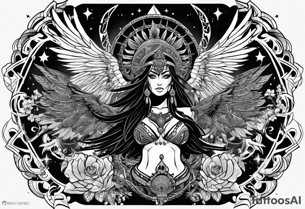 black kali, goddess pirate, pachamama, valkrye, warrior, skull, lotus azul, wing, eagle, zenza resonance, stars, one side chest tattoo idea