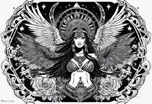 black kali, goddess pirate, pachamama, valkrye, warrior, skull, lotus azul, wing, eagle, zenza resonance, stars, one side chest tattoo idea