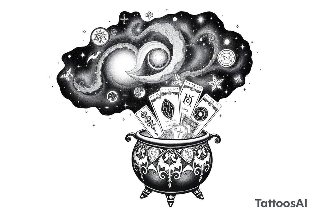 Milky way galaxy filled with zodiac symbols runes tarot cards coming out of a cauldron tattoo idea